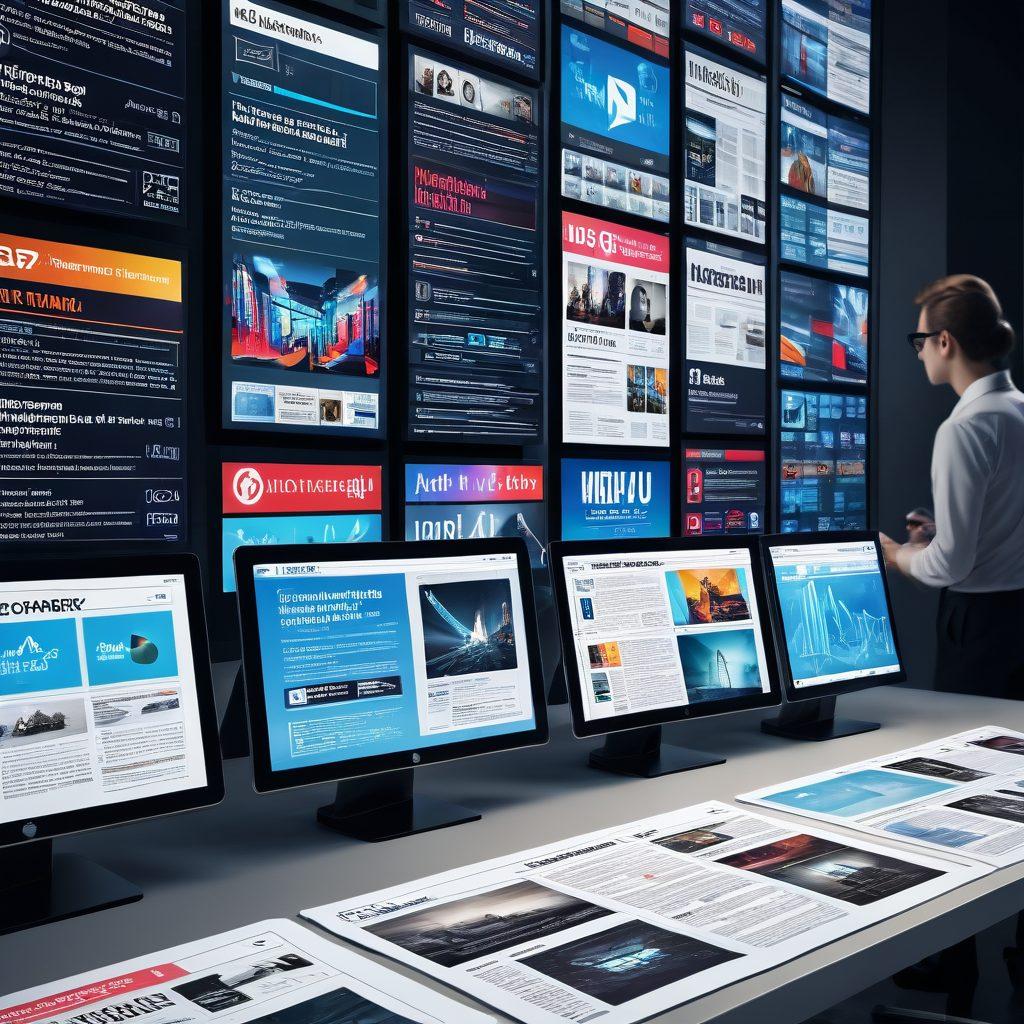 A sleek, modern digital interface displaying concise web content and instant news updates on multiple screens, with a dynamic cityscape backdrop highlighting the speed of information. Include icons of newspapers, social media, and notifications, with bright, engaging colors showing seamless connectivity. 3D. vibrant colors. futuristic elements.