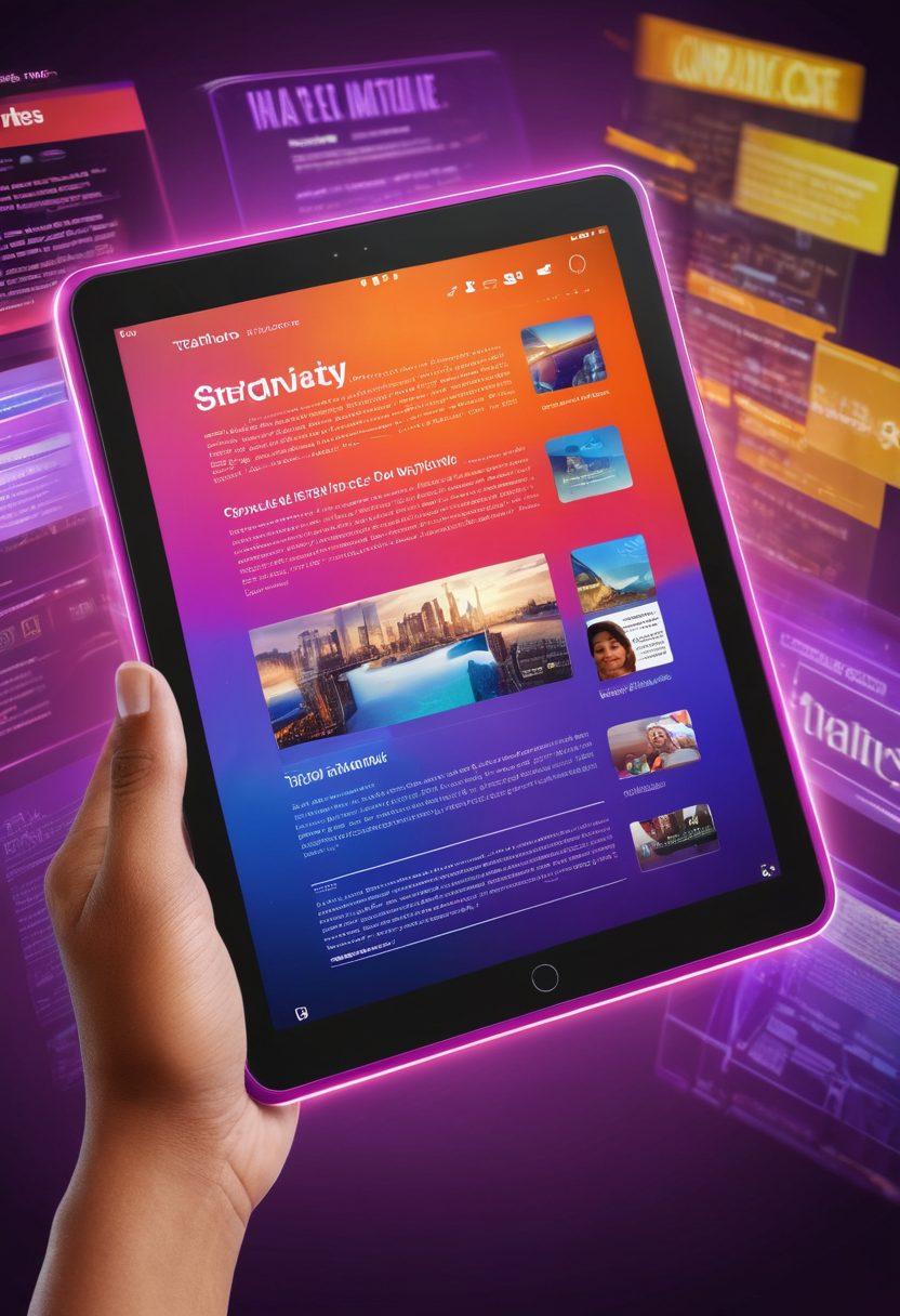 A sleek digital tablet surrounded by fast-moving news headlines, graphics of diverse people reading on the go, and social media icons representing quick updates. The headlines should be short, dynamic, and colorful to signify speed and brevity. super-realistic. vibrant colors. modern style.