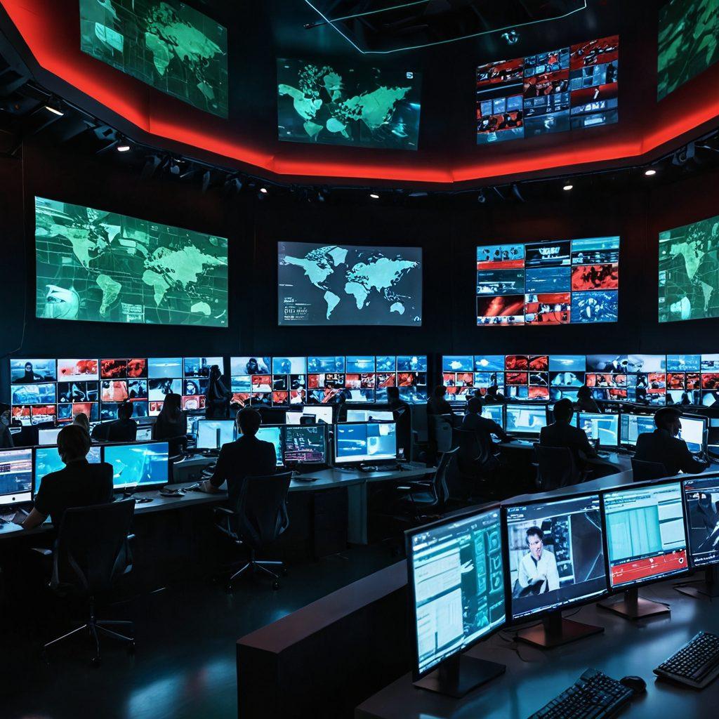 A futuristic, high-tech newsroom with holographic displays showing real-time breaking news from around the world. Journalists are bustling, intently focused on their screens and devices. A large digital clock highlights the precision and urgency of real-time updates. vibrant colors. super-realistic. high-tech aesthetic.